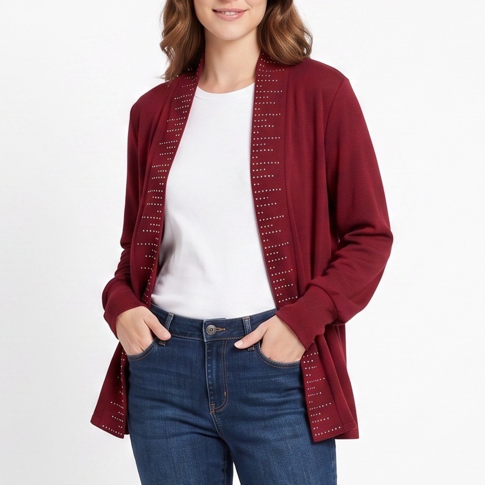 Notations Cardigan Womens 1X Wine Red Studded Open Front NEW